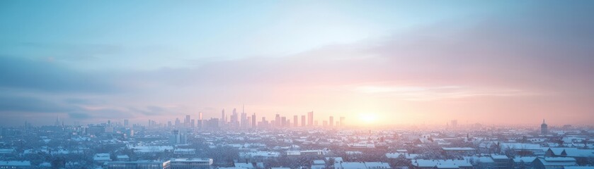 Fototapeta premium Panoramic cityscape at dawn with soft pastel colors illuminating the skyline and a blanket of snow.