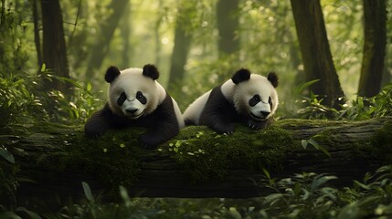 Two Adorable Panda Cubs Resting on Mossy Log in Lush Rainforest