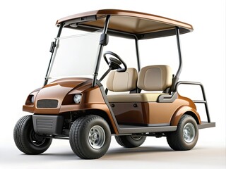 Front view of a brown golf cart, set against a clean white background, ideal for leisurely outings or transport in golf and recreational settings.