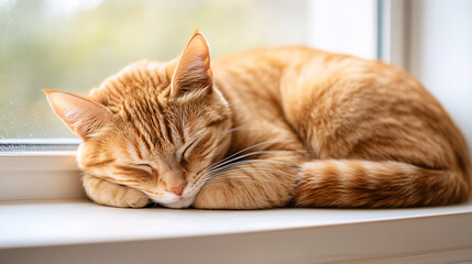 A cat is sleeping on a window sill