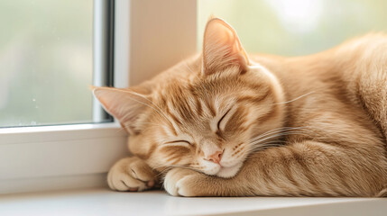An orange cat is sleeping on a window sill