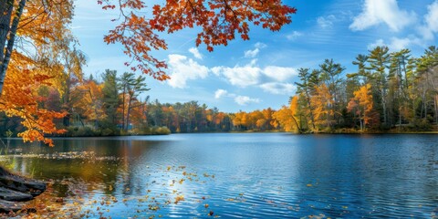 Obraz premium Lake view surrounded by autumn foliage.