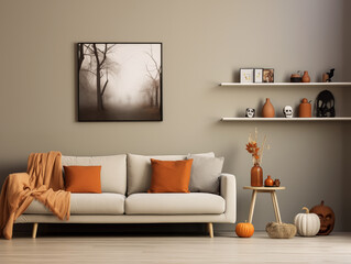 Scandinavian scandi modern minimalist cozy living room interior with fall decor. Neutral walls and couch with orange pillows
