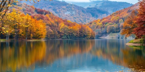Fototapeta premium Lake view surrounded by autumn foliage.