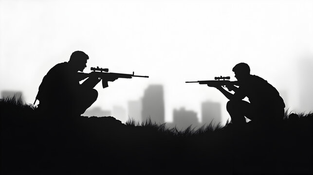 Two snipers perched on opposite rooftops, waiting for the perfect shot, the rest of the city in silhouette. Quiet and tense.


