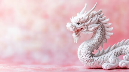 Obraz premium Elegant White Dragon Sculpture on Soft Pink Background