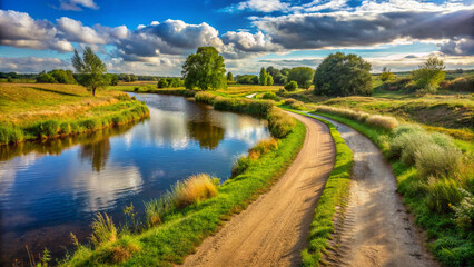 Fototapeta premium lake in the mountains. river, water, landscape, nature, sky, lake, summer, tree, green, forest, trees, blue, reflection, grass, park, spring, view, pond, canal, countryside, cloud, stream, beautiful, 