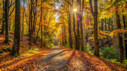 Obraz premium autumn in the forest. forest, autumn, fall, nature, trees, tree, landscape, leaves, park, path, woods, leaf, foliage, yellow, season, wood, orange, trail, sun, colorful, color, outdoors, birch, red, l