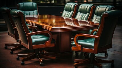 A Polished Wooden Table Surrounded by Five  Green Upholstered Swivel Chairs Ready for a Meeting