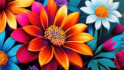 Obraz premium A vibrant floral illustration featuring colorful flowers in various shapes and sizes.