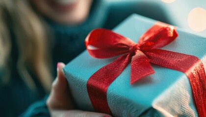 Woman holding a beautifully wrapped gift with a red ribbon, perfect for the holiday season.