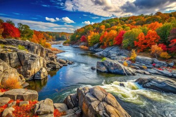 Golden autumn leaves blanket rocky terrain by the Potomac River, near Great Falls State Park in Virginia, creating a stunning and serene natural landscape.