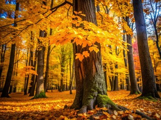 Golden autumn leaves contrast beautifully against the dark tree bark, creating a peaceful atmosphere in this serene fall landscape. Nature&acirc;&euro;&trade;s palette awakens the senses.