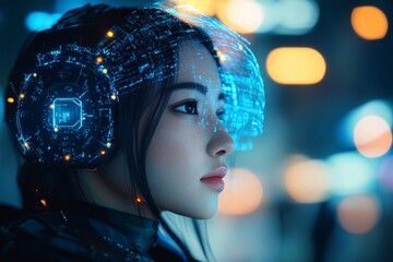 A close-up of a futuristic woman wearing a digital interface on her head, surrounded by neon lights and glowing virtual elements exploring future technology.