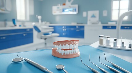Detailed dental care demonstration with perfect teeth model and dentist tools, focus on health and hygiene, realistic, silhouette on a bright and clean clinic table