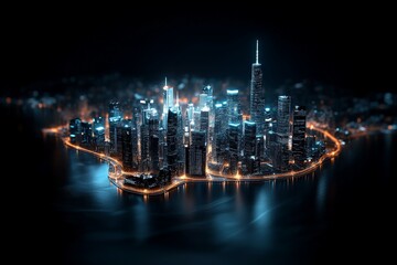 A stunning cityscape showcasing a modern urban skyline at night with illuminated skyscrapers reflecting beautifully on the water surface below.