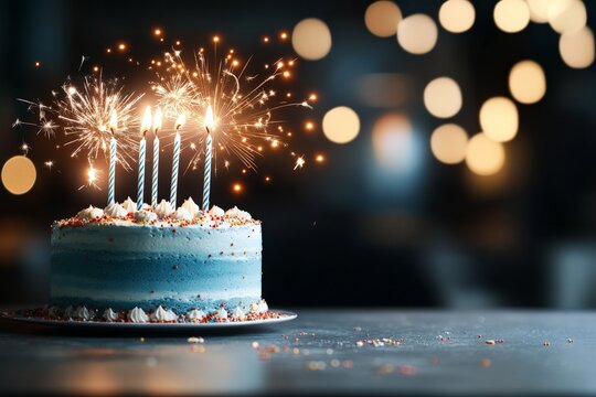 An elegant birthday cake, beautifully decorated with blue and white icing, is adorned with burning sparklers and candles, perfectly capturing the joy of celebration.