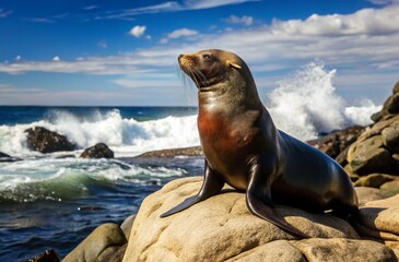 Obraz premium Show a sea lion basking on a sunlit rock, surrounded by crashing waves and a serene coastal landscape. 