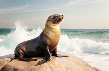Fototapeta premium Show a sea lion basking on a sunlit rock, surrounded by crashing waves and a serene coastal landscape. 