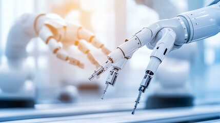 Multiple robotic arms working in sync on an assembly line, representing the future of industrial automation, focus on, futuristic, blend mode, high-tech factory setting.