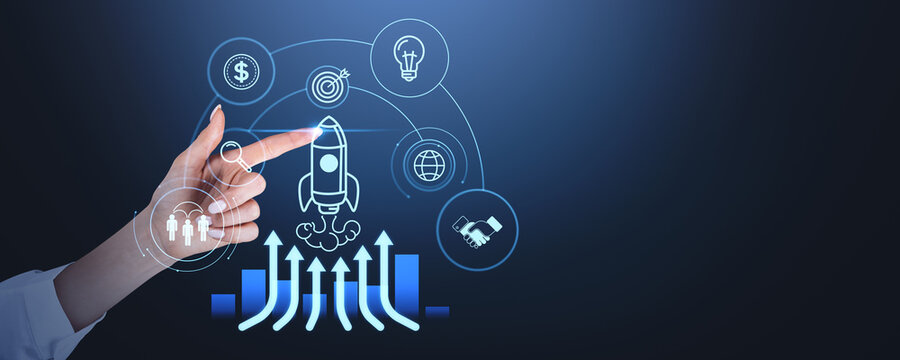 Woman hand finger touch glowing startup hologram, rocket launch and icons - Powered by Adobe