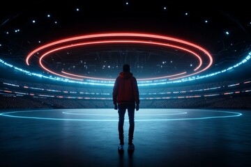 A lone figure stands captivated in the center of a vast, futuristic arena illuminated with neon...