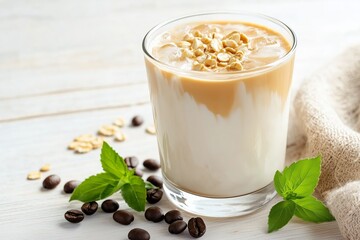 Creamy iced coffee blended with oat milk and garnished with crunchy peanuts for a delicious vegan treat. Perfect for coffee shops