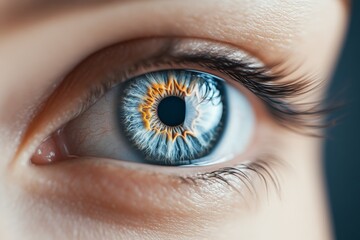 Fototapeta premium A striking close-up of a human eye, highlighting the vibrant blue and orange patterns of the iris, symbolizing human perception and inner vision.