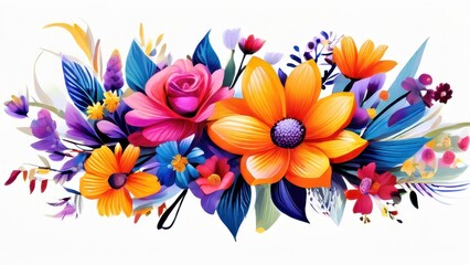 A vibrant floral arrangement featuring colorful flowers and leaves in a decorative design.