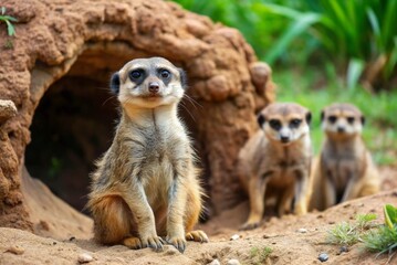 Obraz premium Show a meerkat standing guard at the entrance of its burrow, looking alert as its companions play nearby. 
