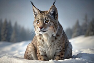 Capture a bobcat sitting quietly in the snow, its ears perked up and eyes focused, ready to pounce.
