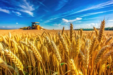 Golden wheat fields stretch beneath a vibrant blue sky, awaiting harvest by farmers using advanced machinery. A perfect scene of nature and modern agriculture.