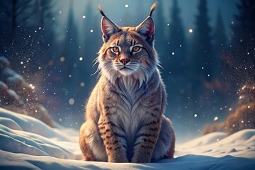 Capture a bobcat sitting quietly in the snow, its ears perked up and eyes focused, ready to pounce.
