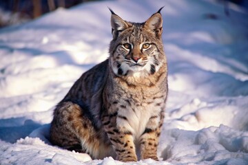 Capture a bobcat sitting quietly in the snow, its ears perked up and eyes focused, ready to pounce.
