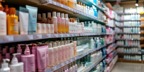 Fototapeta premium Rows of skincare and beauty products on shelves in a store.