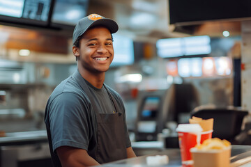 A smiling male fast food worker standing behind the counter or cashier, Food industry, Cashier counter with happy staff, Food order