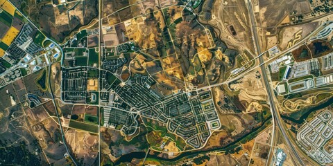 Obraz premium Satellite view of urban sprawl and surrounding countryside.
