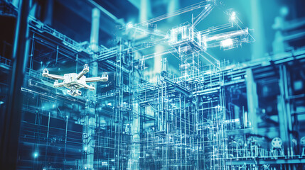 Fototapeta premium Generative AI, Futuristic Construction Site with Drones, Robotic Arms, and Digital Blueprints 