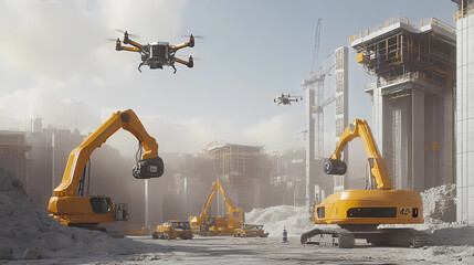 Generative AI, Futuristic Construction Site with Autonomous Drones and Robotic Assembly
