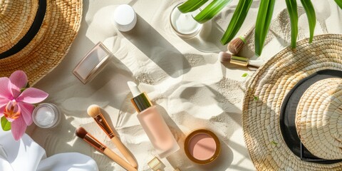 Summer beauty essentials laid out on a sunny day.