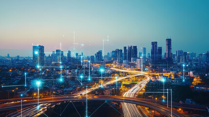 Fototapeta premium Generative AI, Smart City Skyline Featuring Real-Time Data on Traffic and Environmental Metrics 