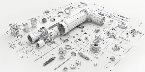 Technical drawing or 3D rendering of an exploded view of a machine or device.