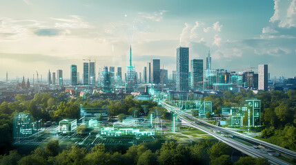 Fototapeta premium Generative AI, Smart City Development with Interconnected Buildings and Advanced Transport 
