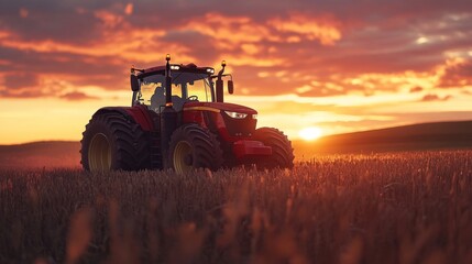 Fototapeta premium Tractor in Wheat Field at Sunset