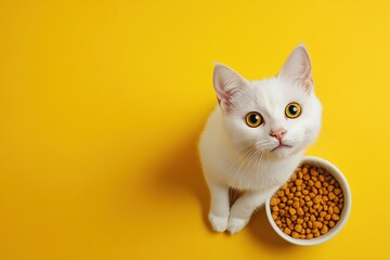 White kitten standing next to a bowl of dry cat food on a yellow background