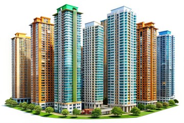 Obraz premium High-rise residential buildings stand isolated against a white backdrop, showcasing urban architecture and emphasizing real estate opportunities in modern city landscapes.