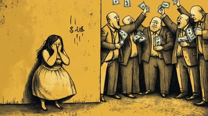 A powerful illustration showing a distressed woman cowering as wealthy men in suits flaunt their money, representing societal inequality.