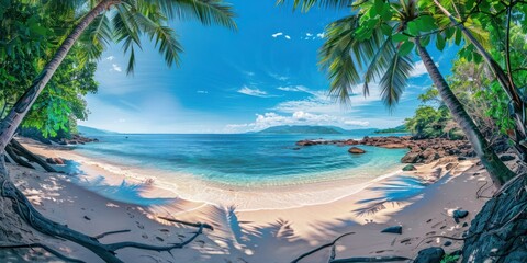 Tropical paradise beach with palm trees and turquoise sea.