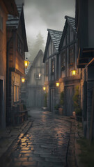 Quaint medieval alleyway with cobblestone path, illuminated lamps, and misty atmosphere creating a mysterious ambiance.