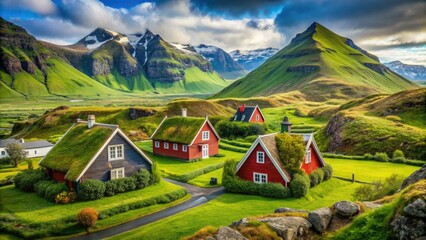 Icelandic turf houses blend harmoniously with lush greenery and majestic mountains, embodying the countryâ€™s rich architectural history and showcasing the striking beauty of its natural surroundings.